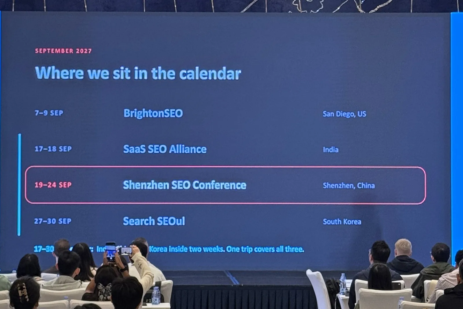 Slide: Where we sit in the calendar: Shenzhen SEO Conference, September 19-24, 2027